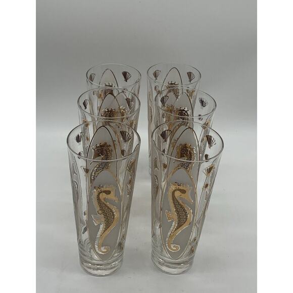 Vintage Signed Fred Press Gold Seahorse Collins Glasses Set Of 6 EUC - Picture 5 of 6